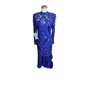 Judith Ann Creations Vintage Royal Blue Beaded Sequin Lace Mermaid Gown Dress
